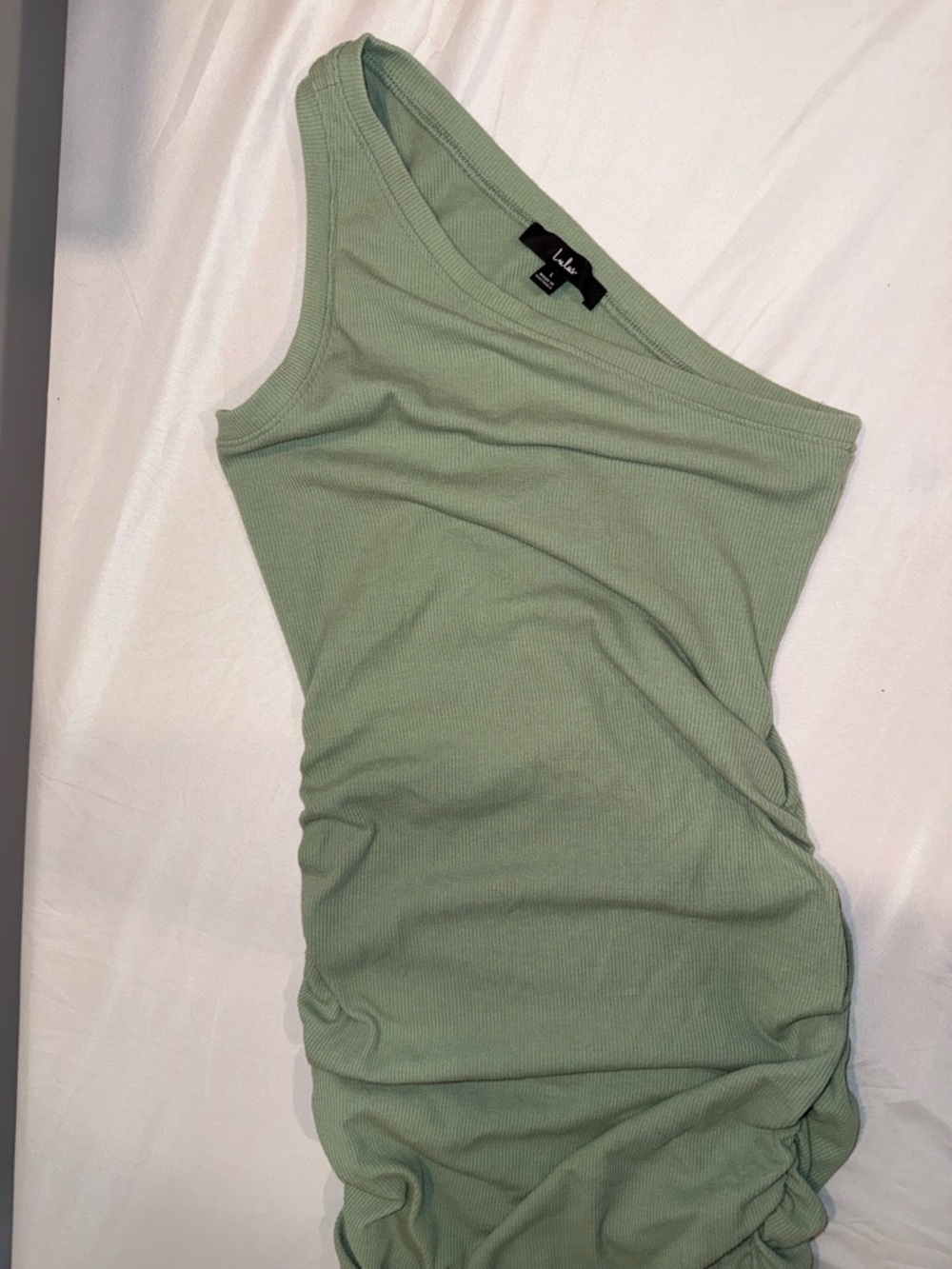 Lulu's One-Shoulder Sage Green Ribbed Tank Ruched Short Dress Size Large - Picture 5 of 16